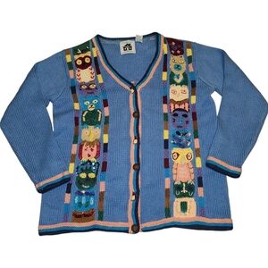 Storybook Knits Blue Colorful Owl Totem Vintage 90's Cardigan. Sz. M